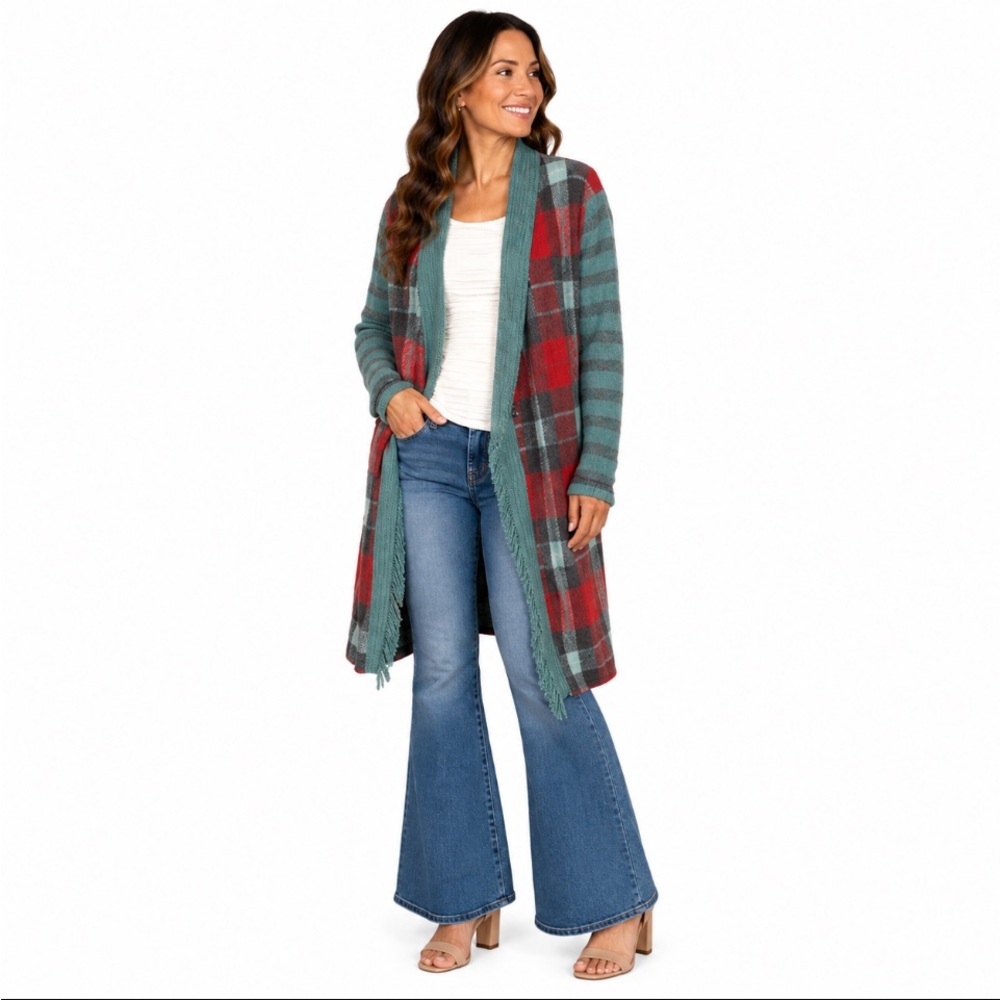 MATILDA JANE Plaid Fringe Open Cardigan in Coral and Teal Size Large